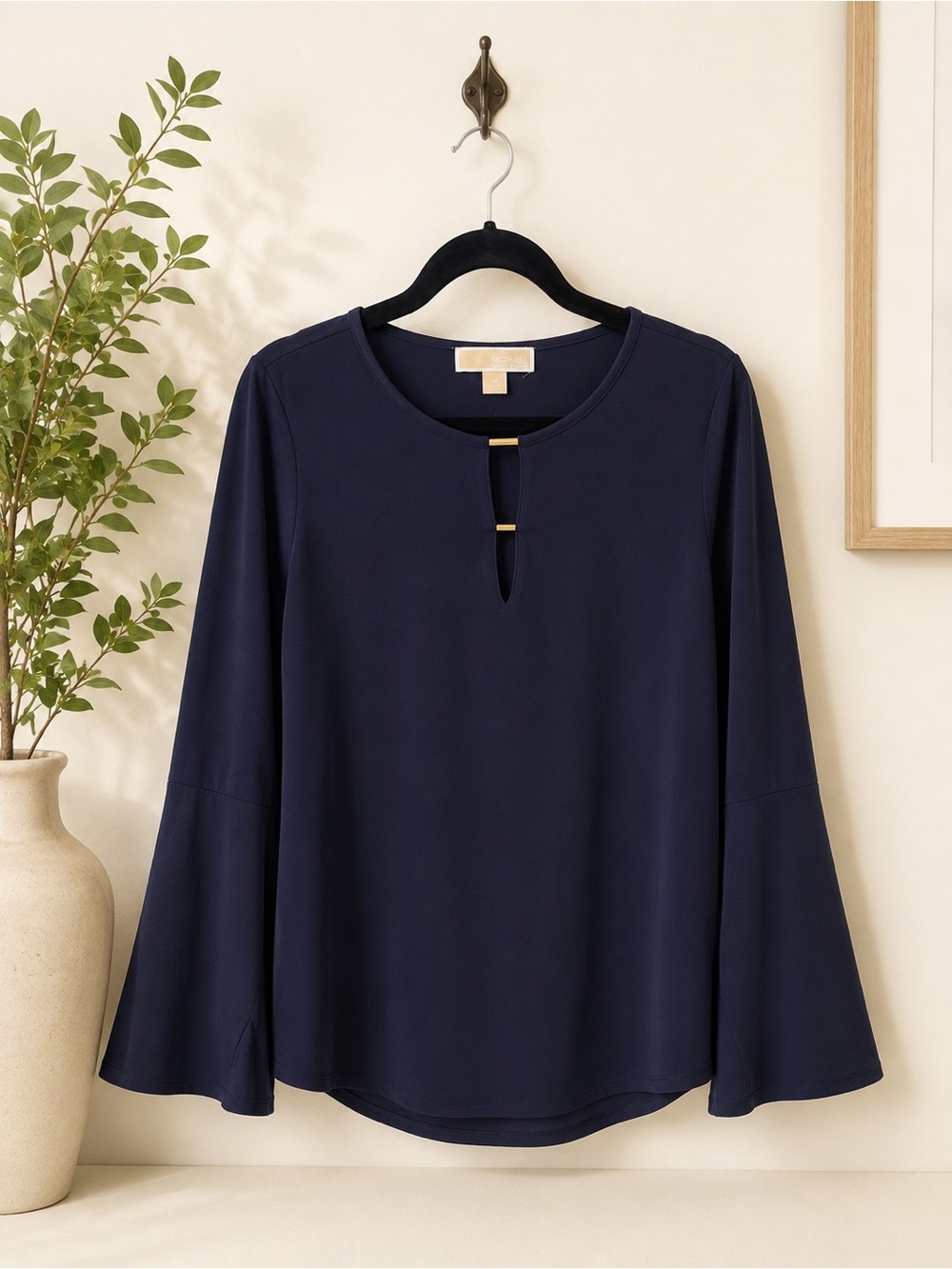 MICHAEL Michael Kors Navy Bell Sleeve Keyhole Top M